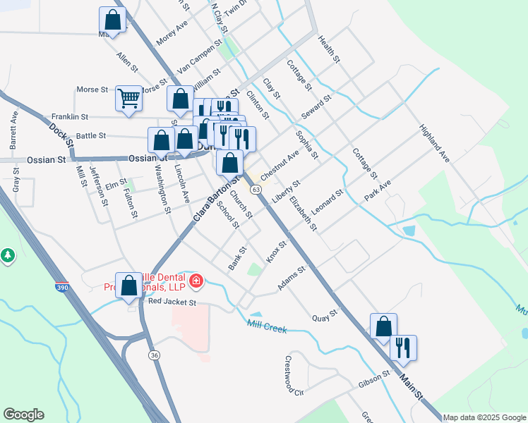 map of restaurants, bars, coffee shops, grocery stores, and more near 105 Main Street in Dansville