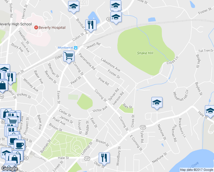 map of restaurants, bars, coffee shops, grocery stores, and more near 21 Pine Road in Beverly