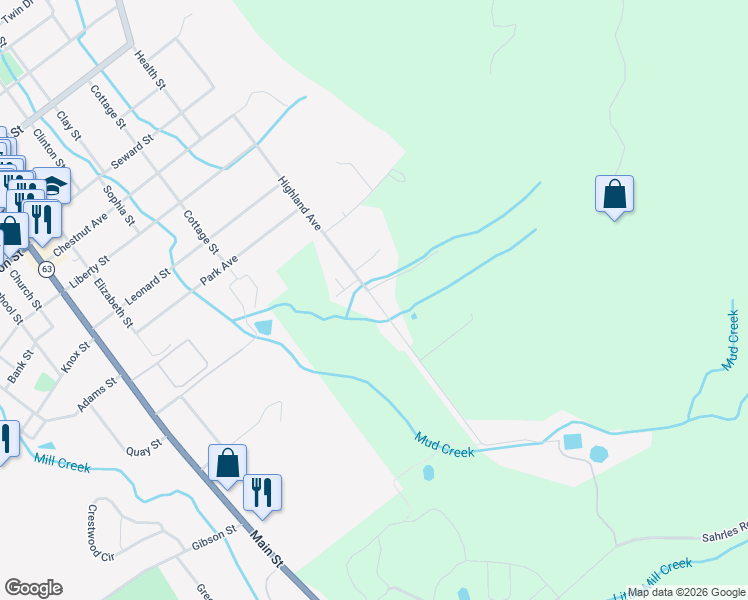 map of restaurants, bars, coffee shops, grocery stores, and more near 9710 Highland Avenue in Dansville