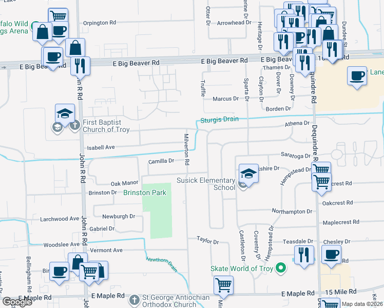 map of restaurants, bars, coffee shops, grocery stores, and more near 2386 Milverton Dr in Troy