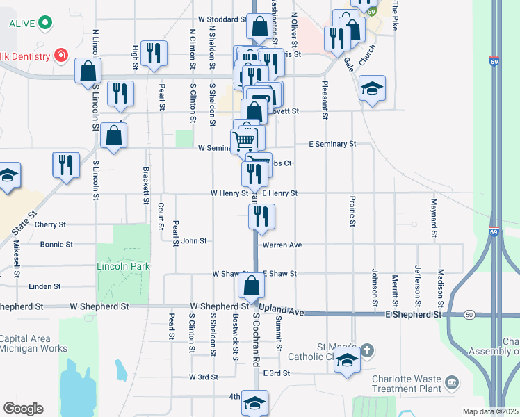 map of restaurants, bars, coffee shops, grocery stores, and more near 417 South Cochran Avenue in Charlotte