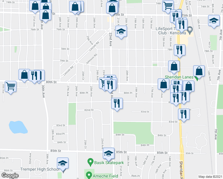 map of restaurants, bars, coffee shops, grocery stores, and more near 8018 22nd Ave in Kenosha