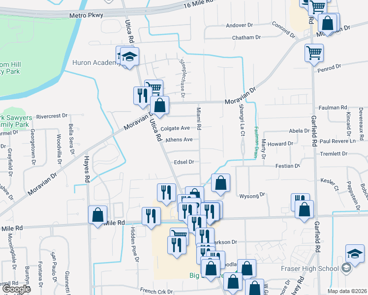 map of restaurants, bars, coffee shops, grocery stores, and more near 15877 Camperdown Avenue in Clinton Township
