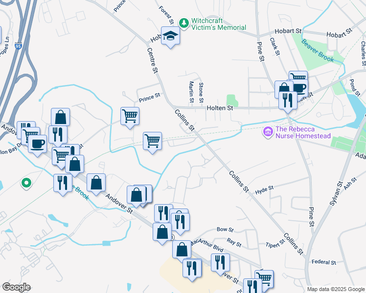 map of restaurants, bars, coffee shops, grocery stores, and more near 35 Collins Street in Danvers