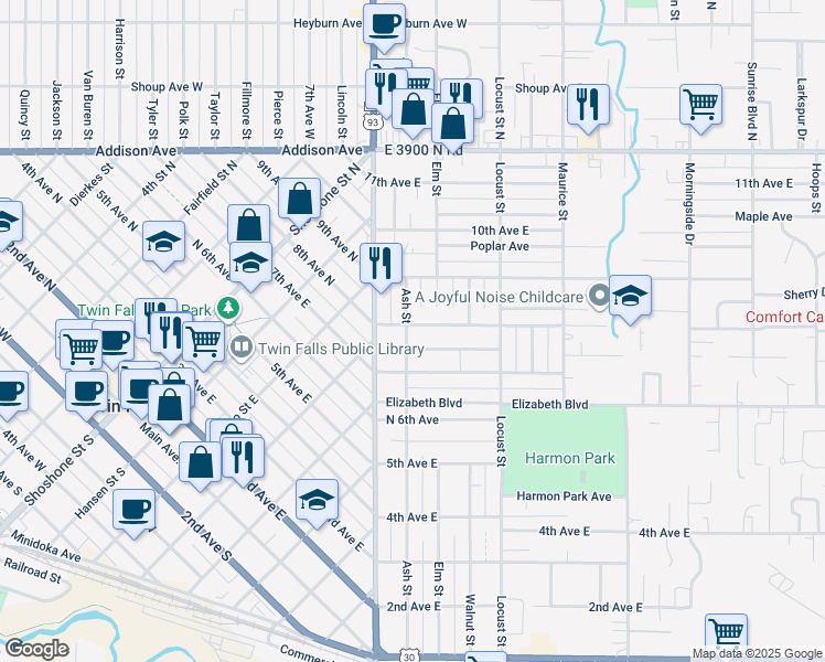 map of restaurants, bars, coffee shops, grocery stores, and more near 1210 8th Avenue East in Twin Falls