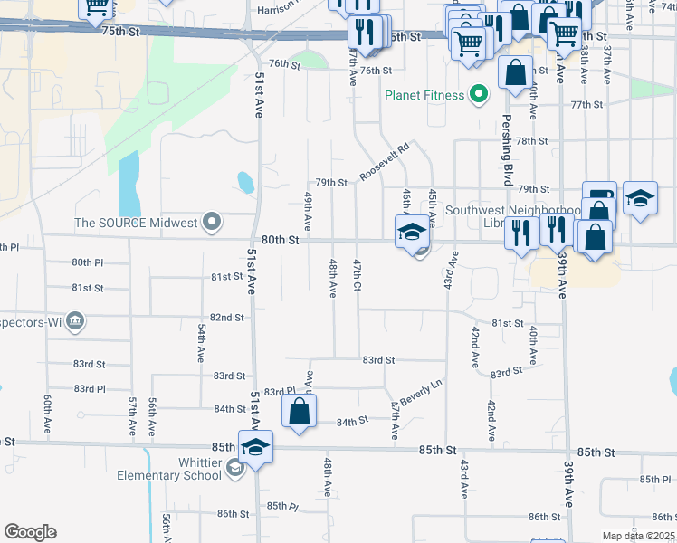 map of restaurants, bars, coffee shops, grocery stores, and more near 8035 48th Avenue in Kenosha