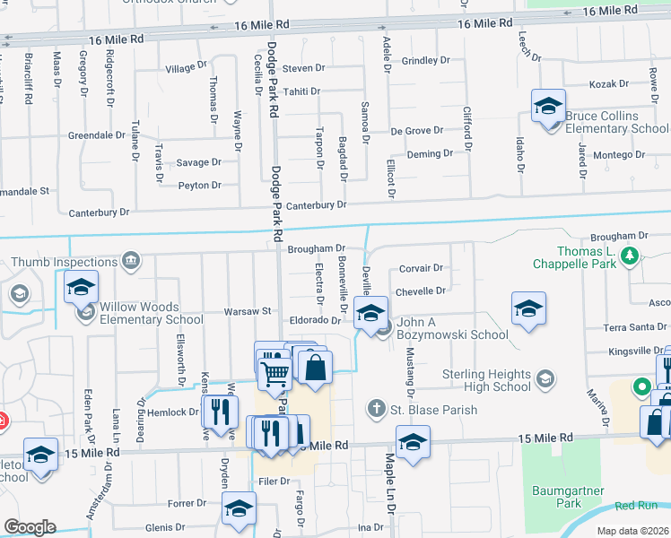 map of restaurants, bars, coffee shops, grocery stores, and more near 35819 Bonneville Drive in Sterling Heights