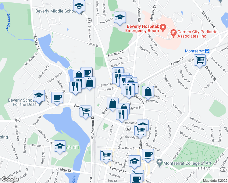 map of restaurants, bars, coffee shops, grocery stores, and more near 38 Beckford Street in Beverly