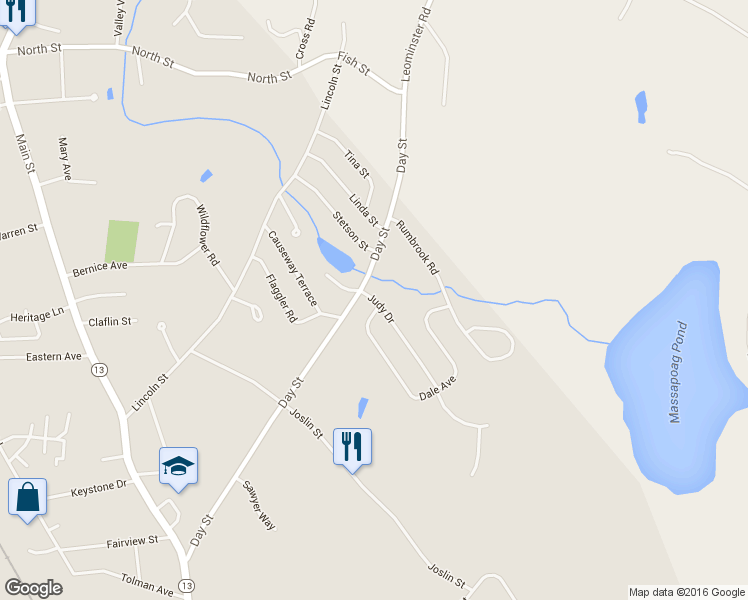 map of restaurants, bars, coffee shops, grocery stores, and more near 26 Judy Drive in Leominster