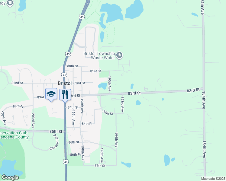 map of restaurants, bars, coffee shops, grocery stores, and more near 19420 83rd Street in Bristol