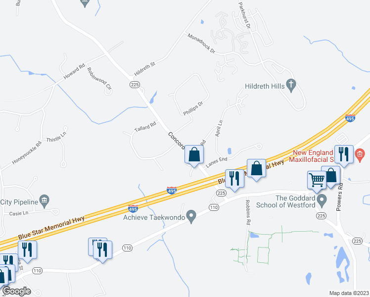 map of restaurants, bars, coffee shops, grocery stores, and more near Concord Road in Westford