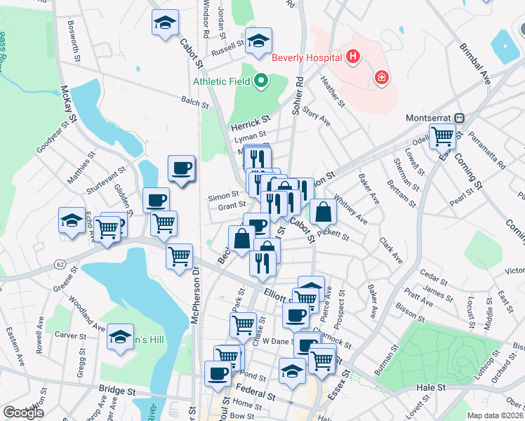 map of restaurants, bars, coffee shops, grocery stores, and more near 390 Cabot Street in Beverly