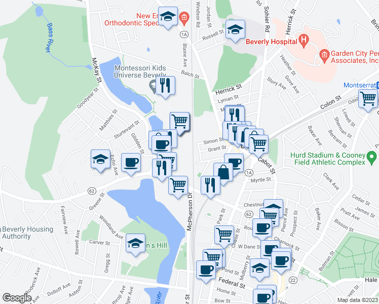 map of restaurants, bars, coffee shops, grocery stores, and more near in Beverly