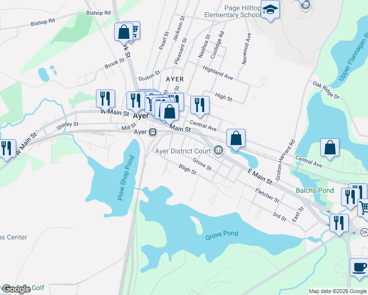 map of restaurants, bars, coffee shops, grocery stores, and more near 12 Grove Street in Ayer