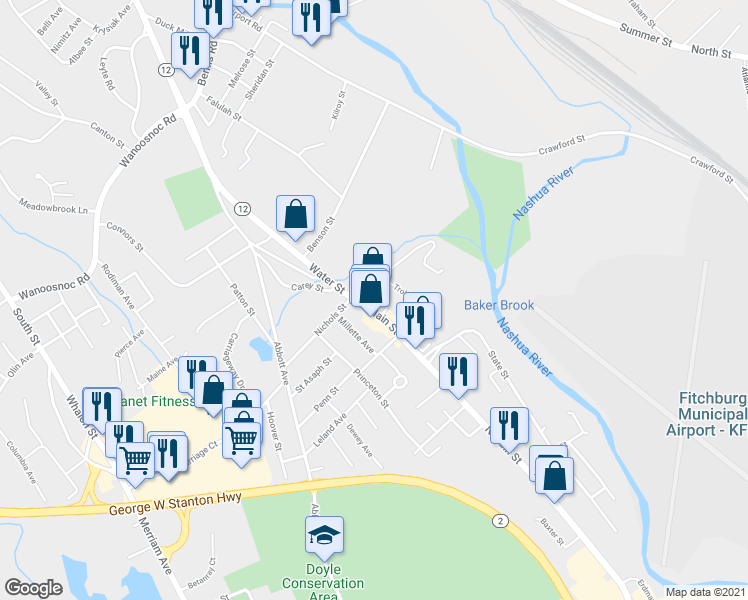 map of restaurants, bars, coffee shops, grocery stores, and more near 825 North Main Street in Leominster