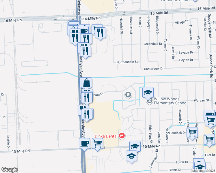 map of restaurants, bars, coffee shops, grocery stores, and more near 8569 Heywood Circle in Sterling Heights