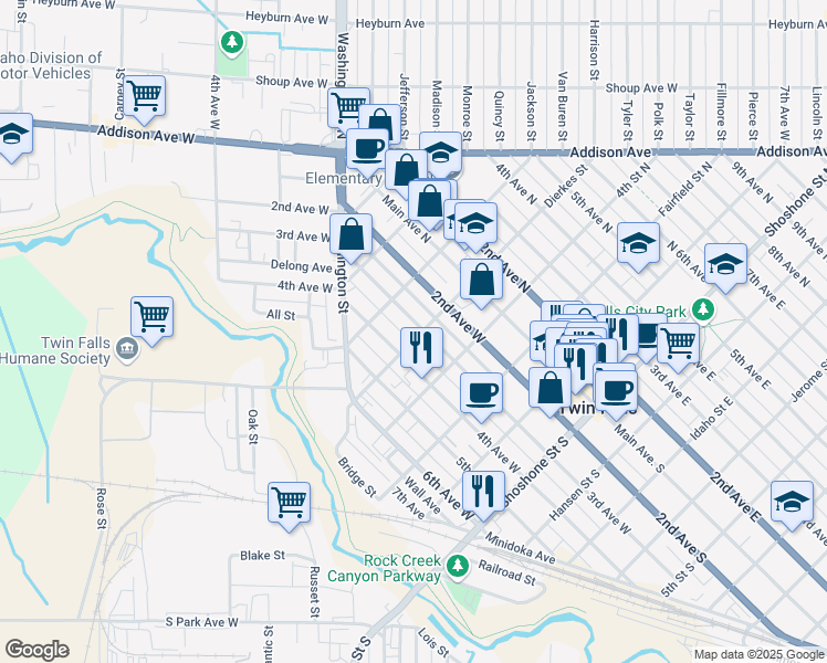 map of restaurants, bars, coffee shops, grocery stores, and more near 505 3rd Avenue West in Twin Falls