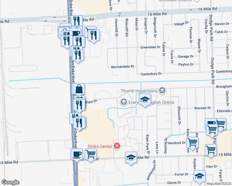map of restaurants, bars, coffee shops, grocery stores, and more near 8703 Thornwood Ct in Sterling Heights