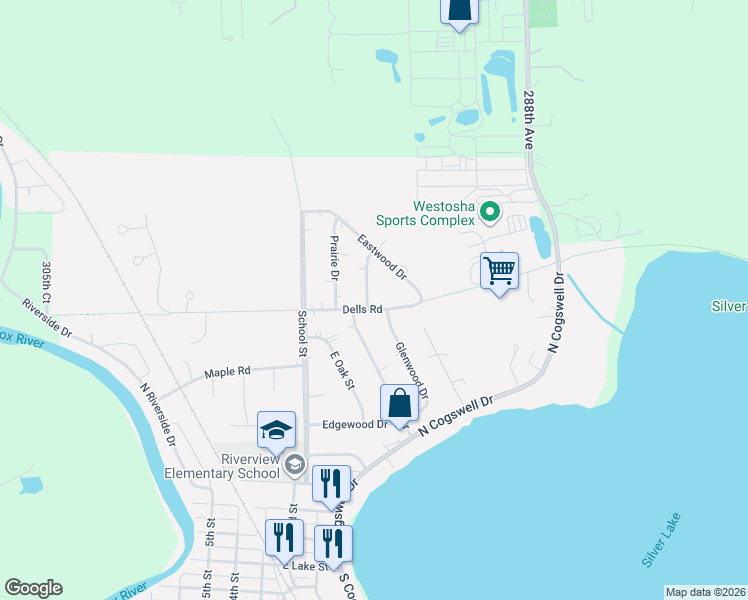 map of restaurants, bars, coffee shops, grocery stores, and more near 604 Dells Road in Silver Lake