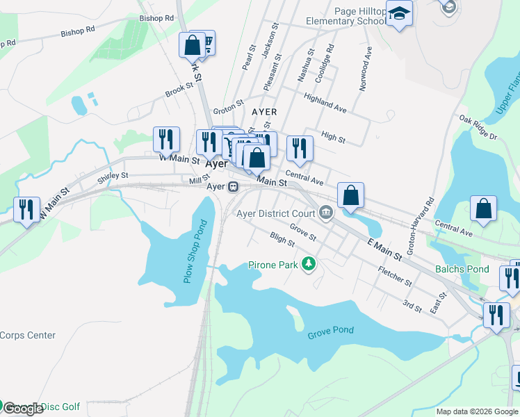 map of restaurants, bars, coffee shops, grocery stores, and more near 14 Forest Street in Ayer