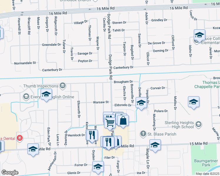 map of restaurants, bars, coffee shops, grocery stores, and more near 35825 Dodge Park Road in Sterling Heights