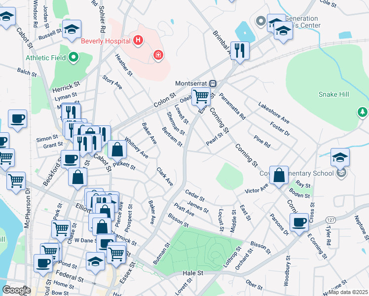 map of restaurants, bars, coffee shops, grocery stores, and more near 2 Bertram Street in Beverly