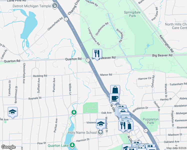 map of restaurants, bars, coffee shops, grocery stores, and more near 36695 Woodward Avenue in Birmingham