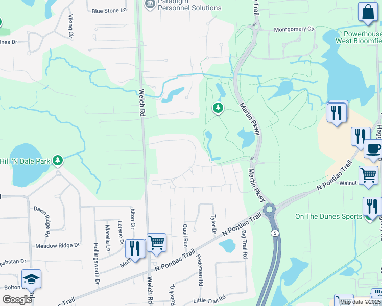 map of restaurants, bars, coffee shops, grocery stores, and more near Woodlands Trail in Commerce charter Township