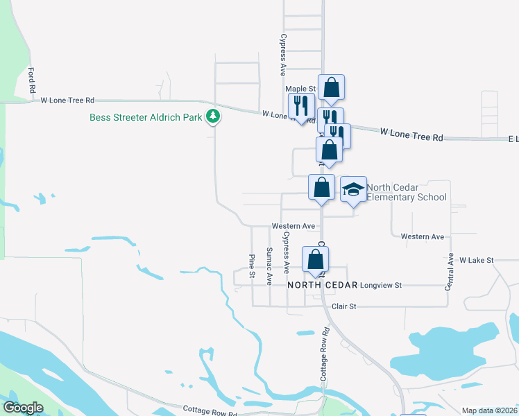 map of restaurants, bars, coffee shops, grocery stores, and more near 1202 Bertchwood Street in Cedar Falls