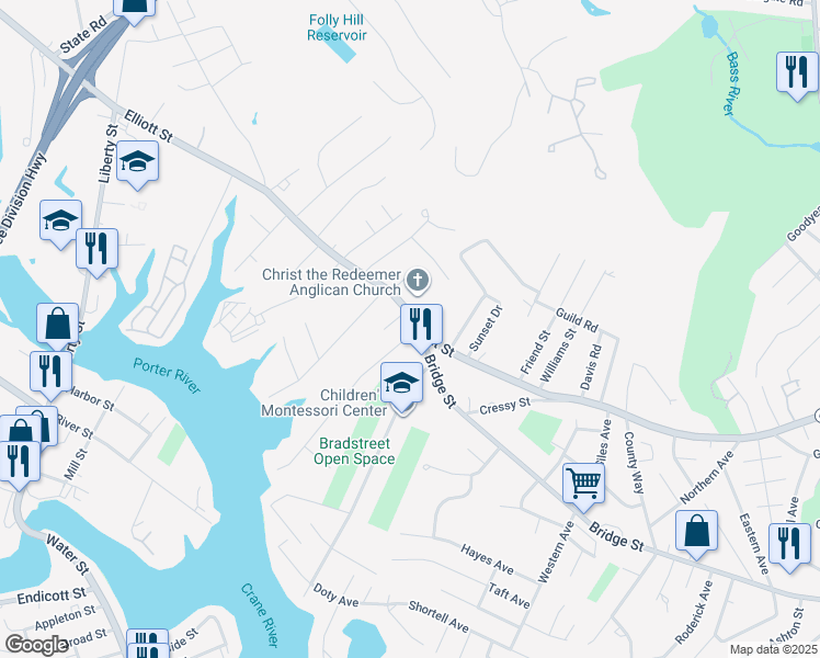 map of restaurants, bars, coffee shops, grocery stores, and more near 200 Elliott Street in Danvers