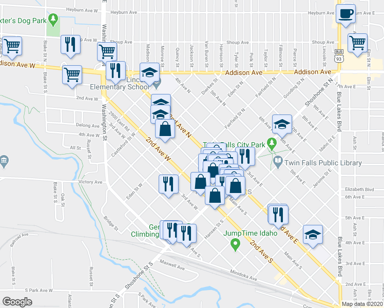 map of restaurants, bars, coffee shops, grocery stores, and more near 302 Main Avenue North in Twin Falls