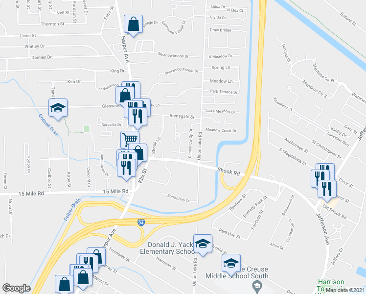 map of restaurants, bars, coffee shops, grocery stores, and more near 35616 Stillmeadow Lane in Charter Township of Clinton
