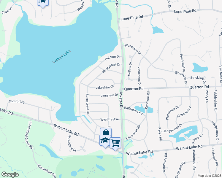 map of restaurants, bars, coffee shops, grocery stores, and more near 2075 Lakeshire Drive in West Bloomfield Township