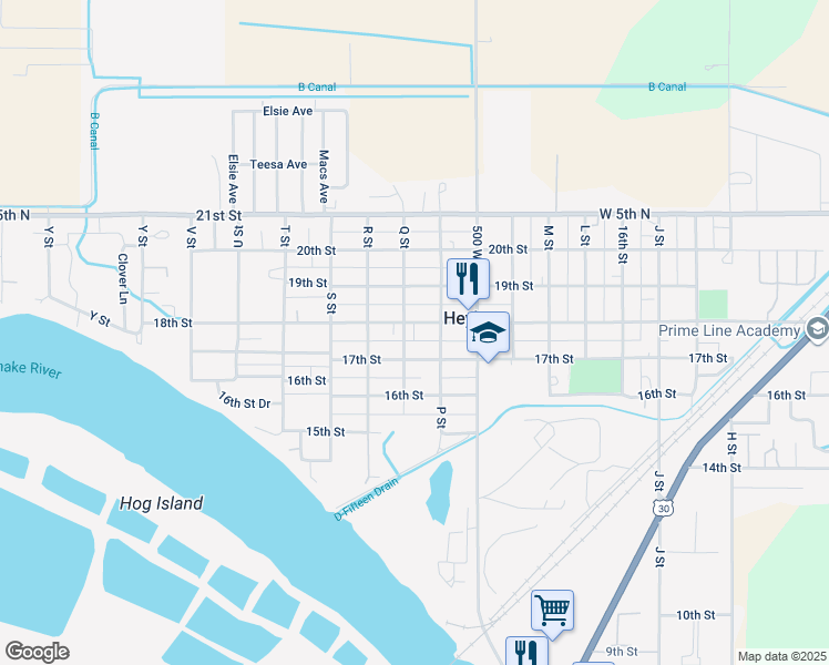 map of restaurants, bars, coffee shops, grocery stores, and more near 1621 18th Street in Heyburn