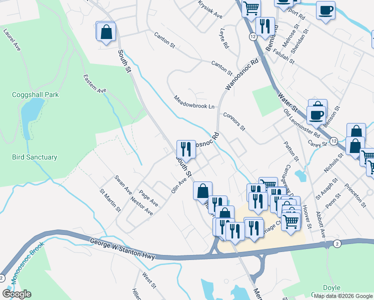map of restaurants, bars, coffee shops, grocery stores, and more near 304 Wanoosnoc Road in Fitchburg