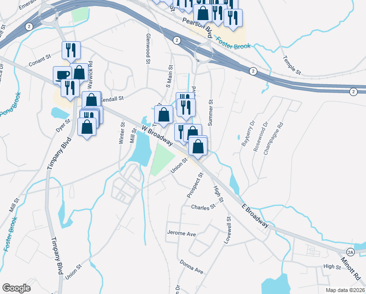 map of restaurants, bars, coffee shops, grocery stores, and more near 23 West Broadway in Gardner