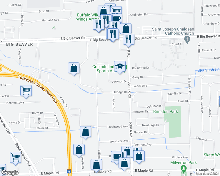 map of restaurants, bars, coffee shops, grocery stores, and more near 1816 Eldridge Drive in Troy