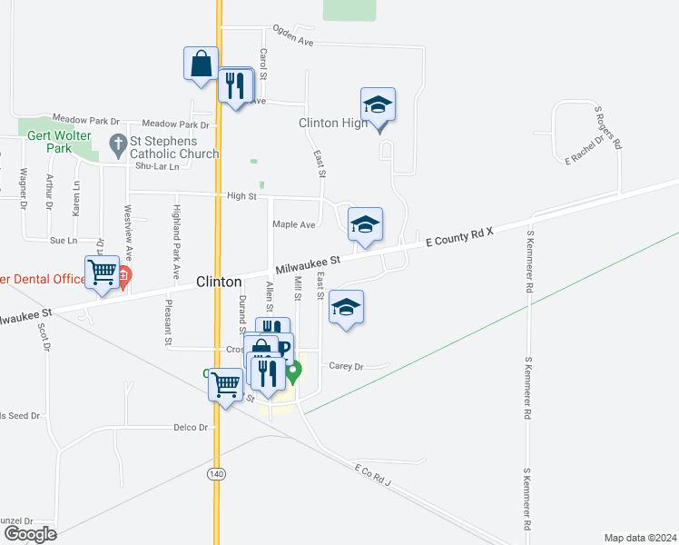 map of restaurants, bars, coffee shops, grocery stores, and more near 331 East Street in Clinton