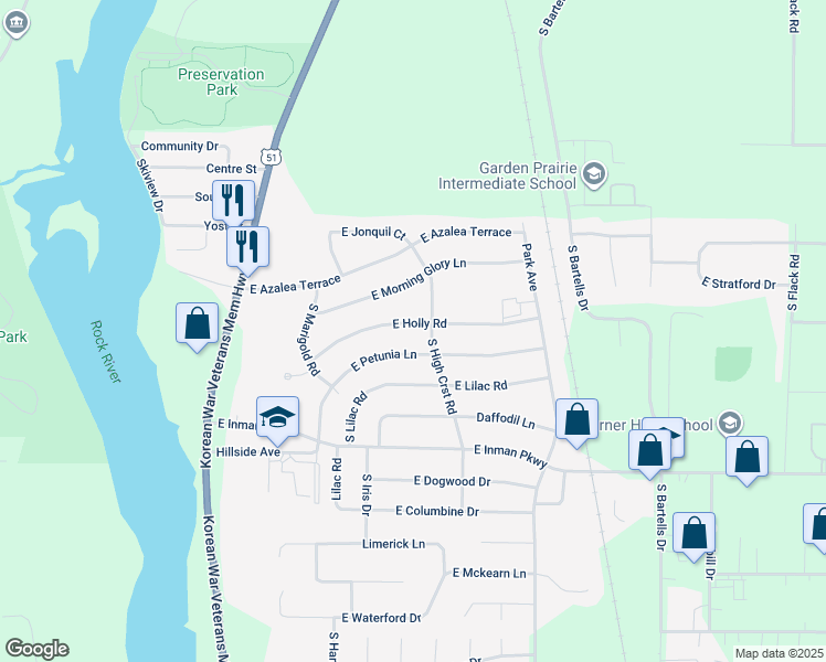 map of restaurants, bars, coffee shops, grocery stores, and more near 748 East Holly Road in Beloit