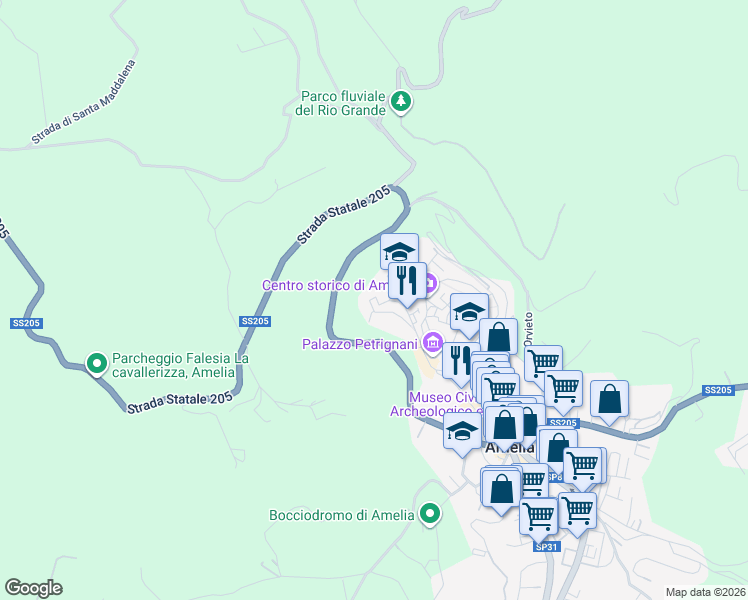 map of restaurants, bars, coffee shops, grocery stores, and more near 20 Via del Teatro in Amelia