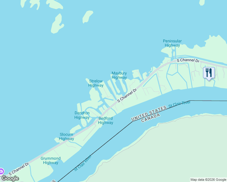 map of restaurants, bars, coffee shops, grocery stores, and more near 8327 Lagoon Street in Harsens Island