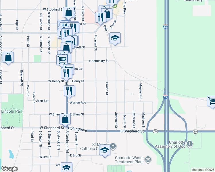 map of restaurants, bars, coffee shops, grocery stores, and more near 415 Prairie Street in Charlotte