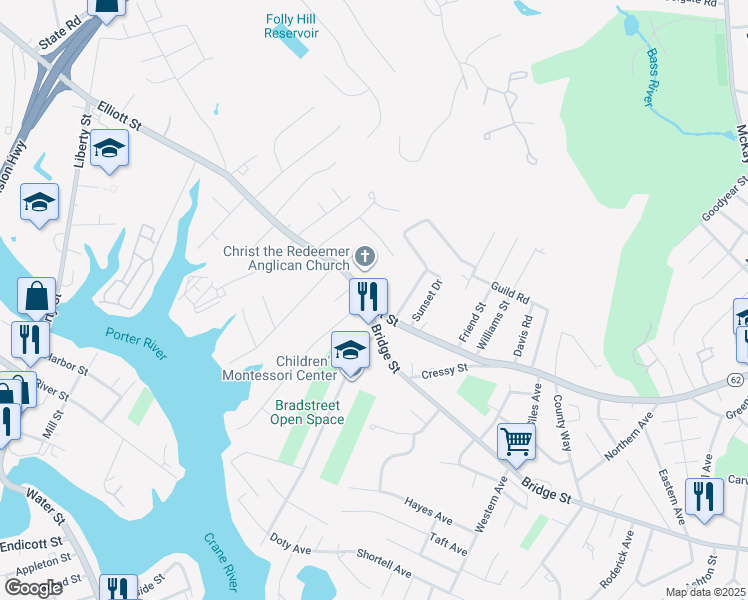 map of restaurants, bars, coffee shops, grocery stores, and more near 200 Elliott Street in Danvers