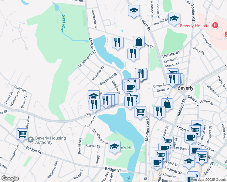 map of restaurants, bars, coffee shops, grocery stores, and more near 8 Blake Street in Beverly