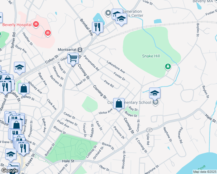 map of restaurants, bars, coffee shops, grocery stores, and more near 21 Pine Road in Beverly