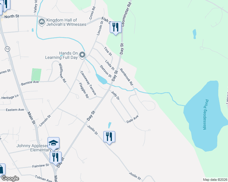 map of restaurants, bars, coffee shops, grocery stores, and more near 8 Judy Drive in Leominster