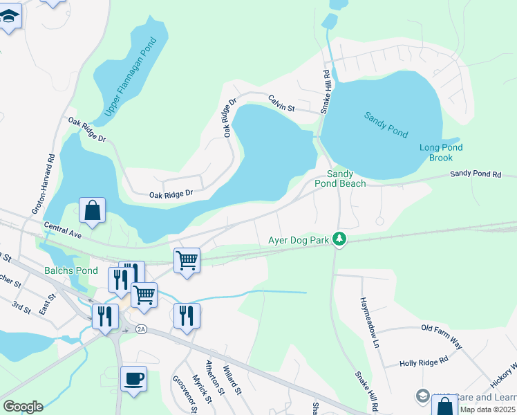 map of restaurants, bars, coffee shops, grocery stores, and more near 42 Sandy Pond Rd in Ayer