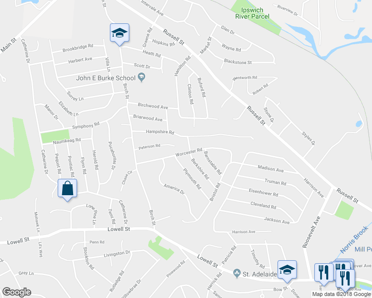 map of restaurants, bars, coffee shops, grocery stores, and more near 3 Berkshire Road in Peabody