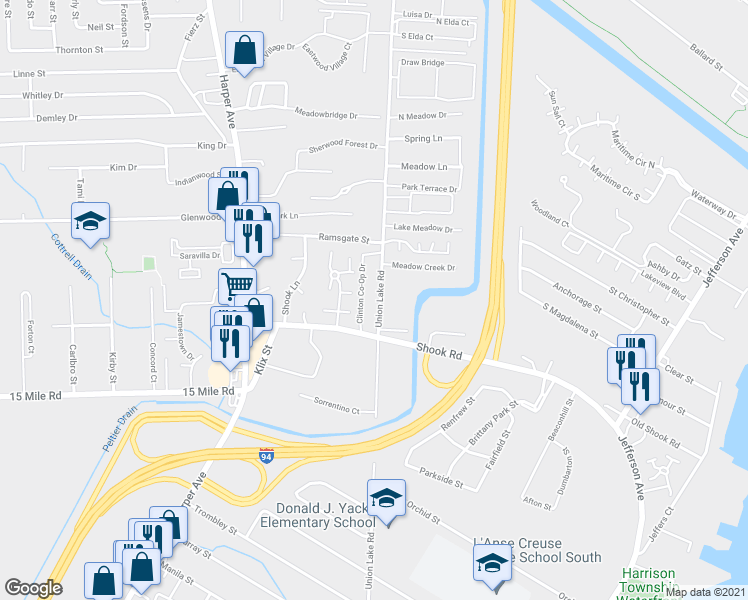 map of restaurants, bars, coffee shops, grocery stores, and more near 35519 Union Lake Road in Harrison Township