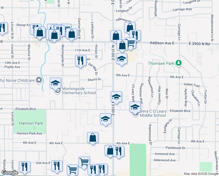 map of restaurants, bars, coffee shops, grocery stores, and more near 2182 Sherry Lane in Twin Falls